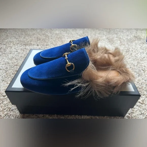 New GUCCI Princetown Fur velvet Cobalt Blue Slippers mules flats - Picture 8 of 10